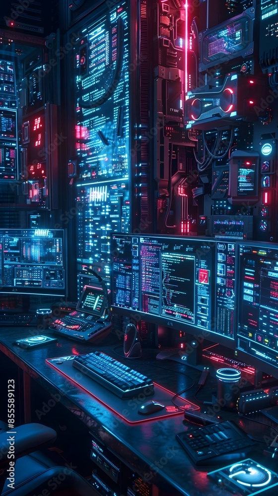 Poster futuristic hacker workspace with multiple screens digital code and neon lighting