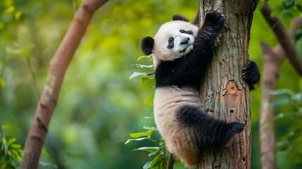 Obraz premium young panda climbing up and sleeping on the tree