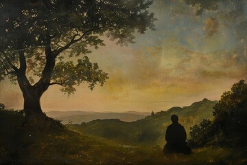 A painting showing a person sitting under a tree, deep in contemplation and prayer, A serene landscape with a lone figure in prayer