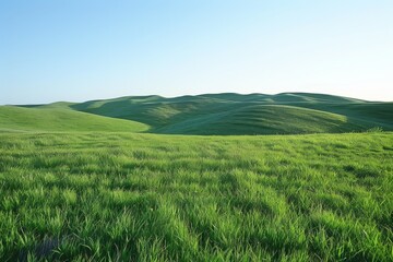 Obraz premium Green grassy field with rolling hills in the background under a clear sky, A serene landscape with rolling green grass under a clear sky