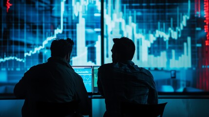 Fototapeta premium Two market analysts are observing the price movements of the stock market, forex, investment business, crypto prices, looking at prices to carry out buying and selling executions