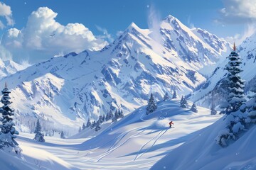 Skiers enjoying a snowy mountain landscape, carving through the fresh snow, A serene mountain landscape with a snowboarder carving fresh tracks in the snow