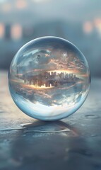 Close-up view of a soap bubble reflecting a cityscape, showcasing vibrant colors and intricate details