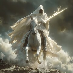 The First of the Four Horsemen of the Apocalypse, Riding a White Horse as a Symbol of Conquest. Bible illustration from the Book of Revelation