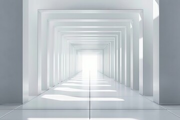 White Tunnel of Light: A Minimalist Architectural Perspective. 3D rendering illustration background