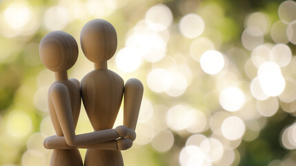 Close-up of two wooden mannequins positioned to represent an embrace or dance move with soft-focus bokeh effect in the background.