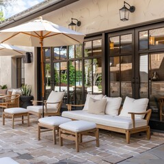 Fototapeta premium Outdoor patio with chairs and umbrellas for relaxation and leisure activities, A serene outdoor patio area where clients can relax while waiting for their appointments