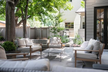 Fototapeta premium A patio surrounded by numerous pieces of furniture and lush trees, A serene outdoor patio area where clients can relax while waiting for their appointments