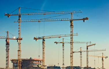 Viele Baukräne auf einer Großbaustelle mit einem Rohbau vor wolkenlosem Himmel