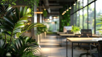 Concept of a green office space, captured with a blurred effect to highlight the serene and peaceful environment