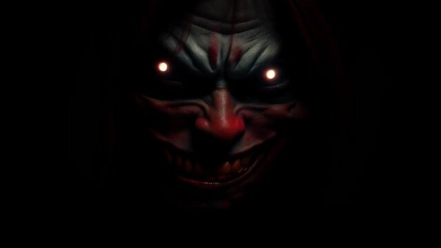 A Scary Horror Theme Grinning Clown Face Immersed in Darkness