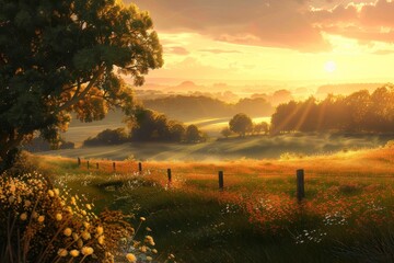 A painting depicting a vibrant sunset over a expansive field, A serene sunrise over a peaceful countryside