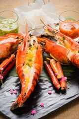 Grilled Prawn Decorated on a black plate