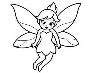 Black and white drawing of a fairy with wings flying in the air