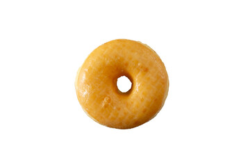 A top down view of a raised glazed donut, against a white background.