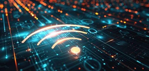 WiFi signal icon with radiating waves concept close up, focus on symbol, futuristic, Overlay digital screen
