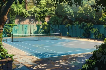 A tennis court encircled by green trees and bushes under the sunlight, A serene tennis match on a sun-drenched court