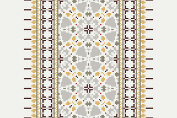 Folk embroidery cross stitch geometric floral pattern. Vector ethnic geometric floral shape seamless pattern. Folk floral embroidery pattern use for textile, home decoration elements, upholstery, etc.