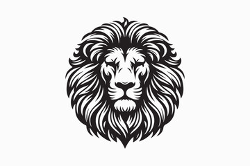 lion head, majestic mane, fierce expression, black and white illustration, symmetrical design, detailed linework, graphic art style, tribal tattoo aesthetic,