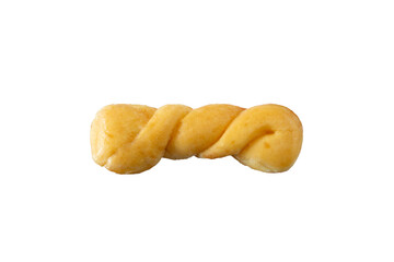 A top down view of a glazed twist donut.