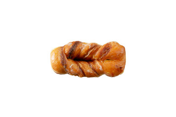 A top down view of a cinnamon twist donut, against a white background.