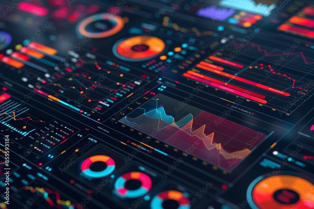 Poster close-up view of a computer screen showing extensive data visualizations related to market trends an