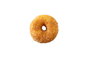 A top down view of a raised cinnamon crumb donut, against a white background.