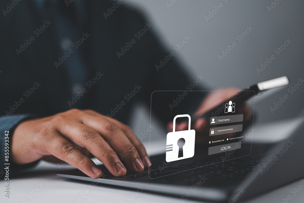 Poster Cybersecurity and privacy concepts to protect data. Lock icon and internet network security technology. Businessman protecting personal data on