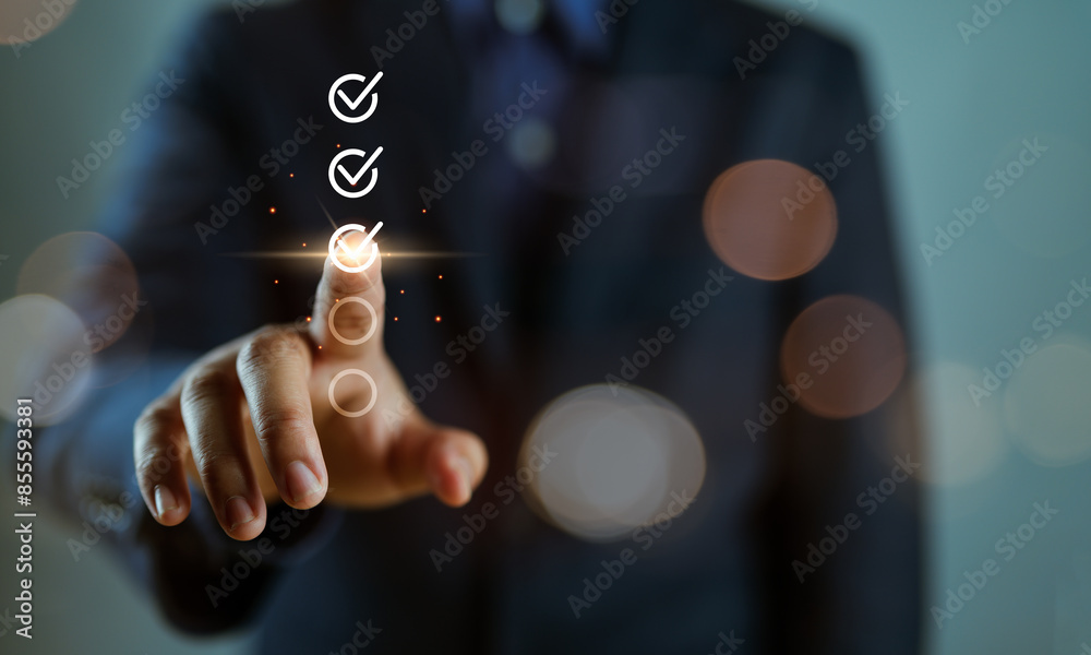 Poster businessman tick correct sign mark for document approve , project acceptance and quality assurance c