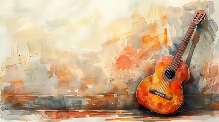watercolor painting of guitar at corner, copy space banner, vintage background 