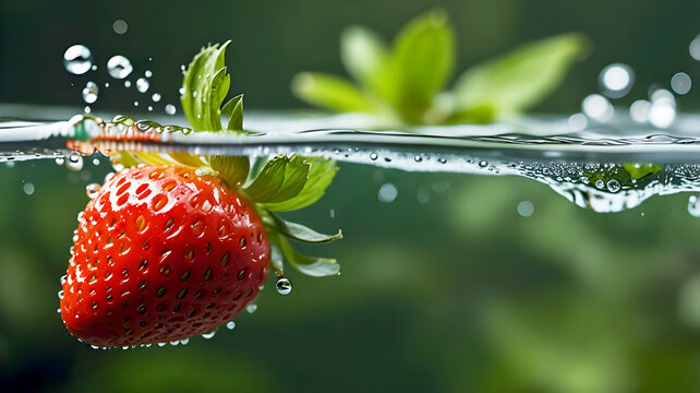 Water Splash fresh Strawberry with green leaves, clear reflecting 4k image
