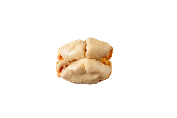 A top down view of a glazed maple buttermilk donut, against a white background.
