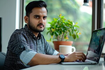 Fototapeta premium Indian man sitting at desk, focused on laptop screen for virtual meeting, A serious-looking Indian man attending a virtual meeting with global team members