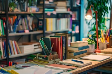 Neat desk with numerous books and a lamp placed on top, A shelf filled with books and office supplies in a makeshift workspace