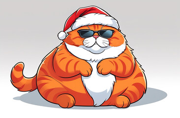 Cartoon illustration, funny fat ginger cat in a Santa Claus hat and sunglasses on a gray background. Christmas, New Year's print with animals, design, decorative element, greeting cards