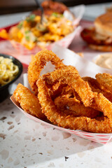 A view of a carton of onion rings.