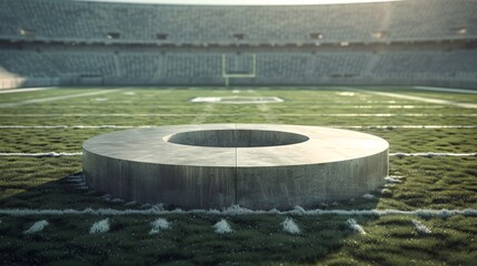 a pedestal on an American football field, with a circular podium to showcase and promote concrete products uniquely.