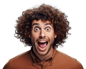 PNG Excited curly haired man portrait adult photo.