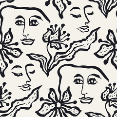 Black and white brush strokes ink wash flowers and female faces seamless pattern. Abstract monochrome floral modern fashion background. Minimalist botanical wallpaper
