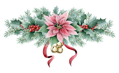 Christmas Poinsettia flower with pine tree branches and red holly berries decorated with red ribbon and bells watercolor illustration isolated on white. Floral horizontal banner for New Year 2025