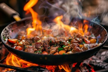A skillet filled with a mixture of meat and vegetables sizzling and cooking over an open flame, A sizzling skillet of meat and vegetables being cooked over an open flame