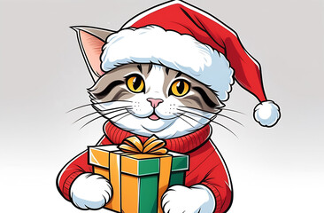 Cartoon illustration, funny cat in a Santa Claus hat, red sweater holding a Christmas gift on a gray background, New Year's print with animals, design, decorative element, greeting cards