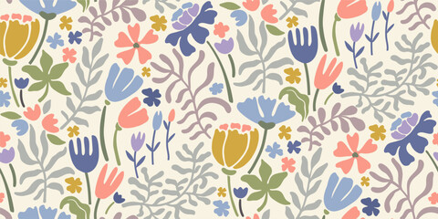 Vector summer seamless pattern with natural elements, flowers, leaves in modern trendy style.