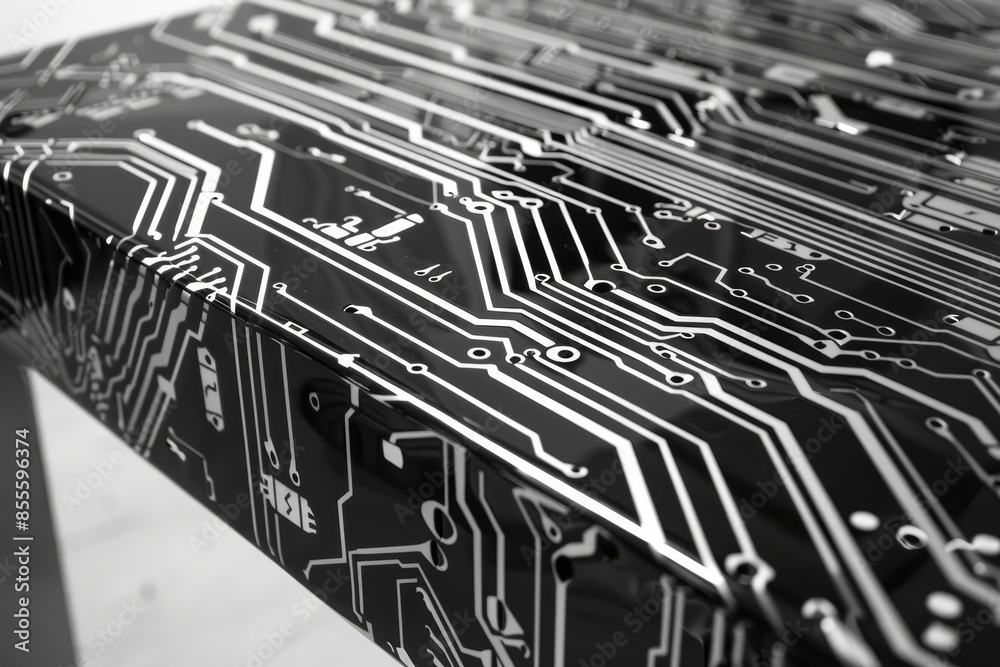 Poster black and white close-up of a complex computer circuit board with intricate patterns and components,