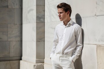 Obraz premium A man in a white shirt and white pants leans against a wall, A sleek and minimalist look that prioritizes clean lines and subtle details, such as a crisp white shirt and slim-fit trousers