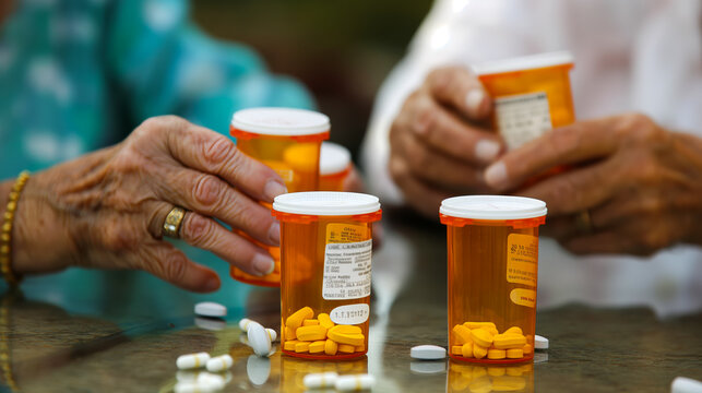 Senior couple taking their medication together managing health care routines with prescription bottles visible.