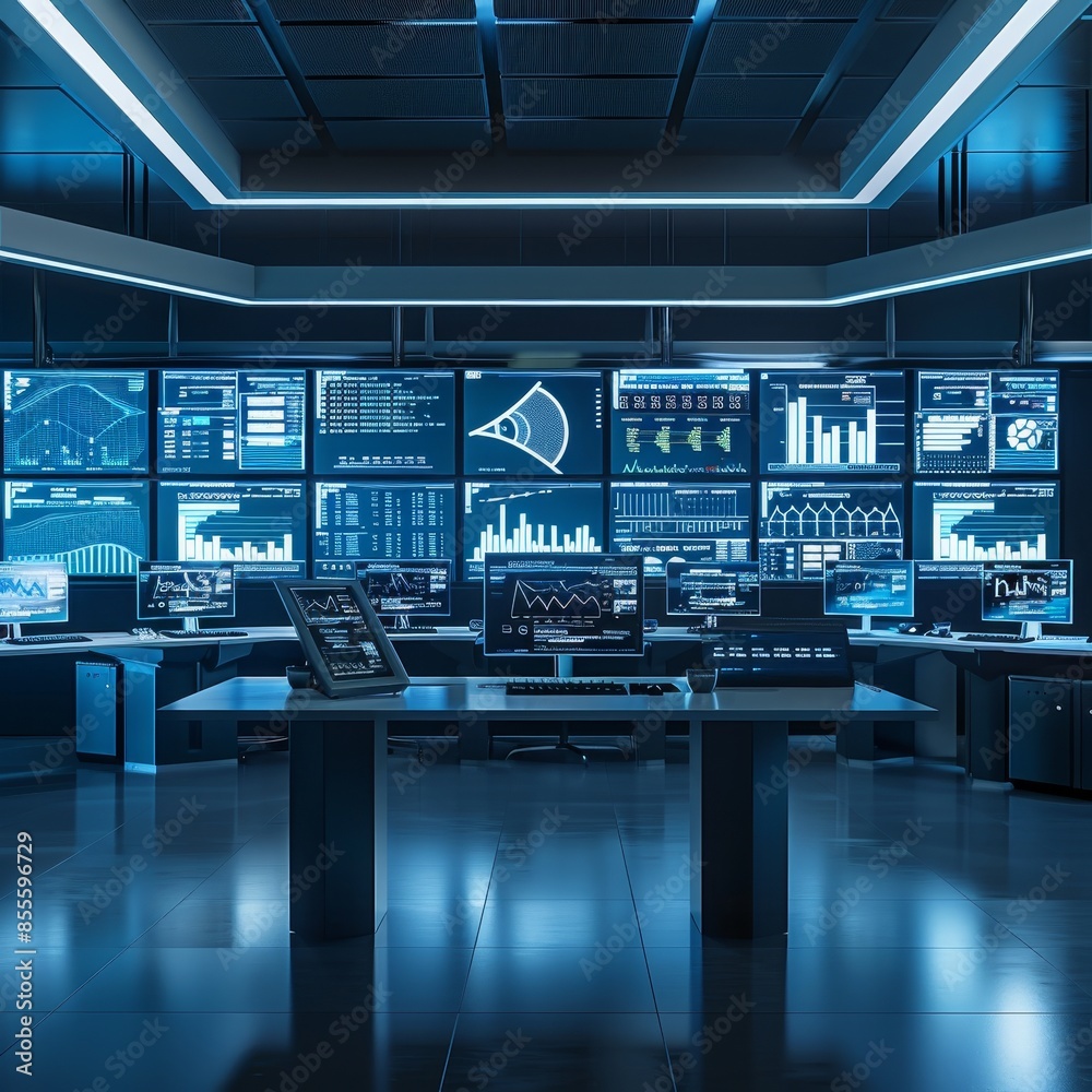 Poster sleek and modern control room filled with numerous computer screens displaying data, a sleek and mod