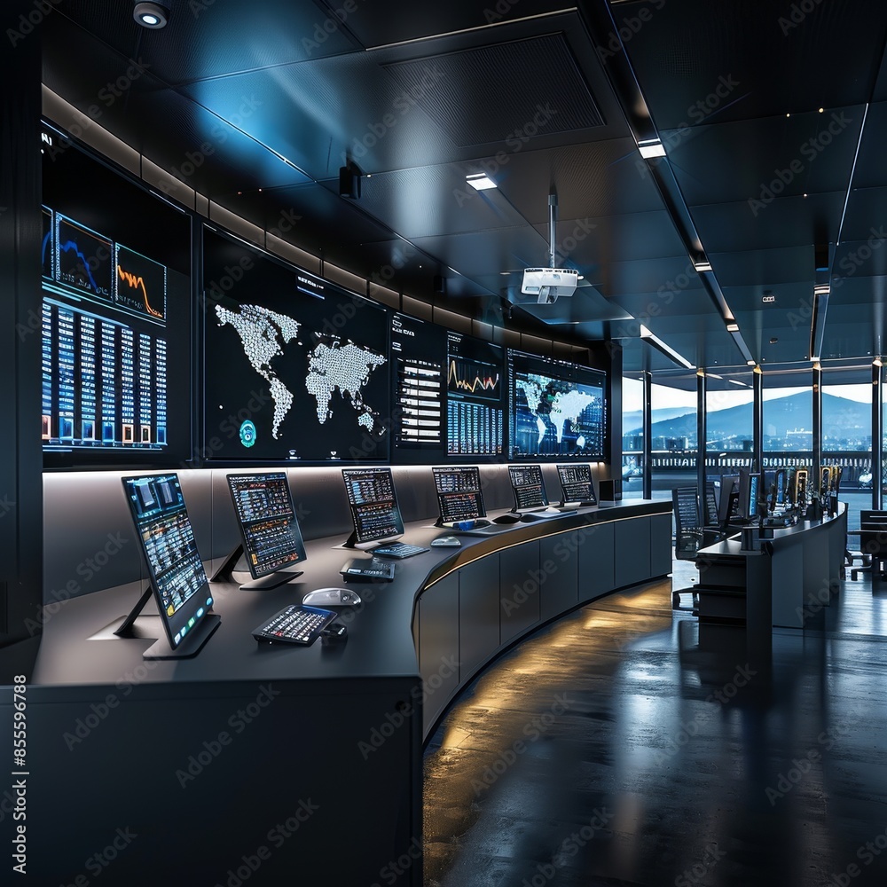 Poster a modern control room featuring a large wall map for monitoring activities, a sleek and modern contr