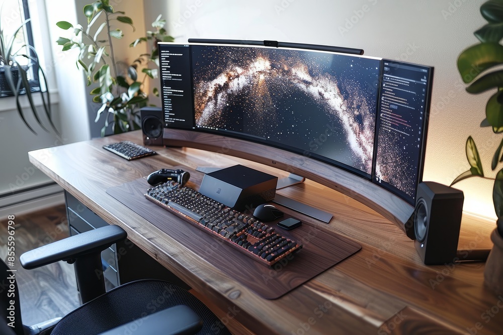 Poster A sleek computer monitor placed on top of a wooden desk in a modern setup, A sleek and modern desk setup with a touch screen monitor