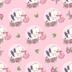 Seamless pattern with cute stork with flowers in its beak with newborn baby girl on pink background. Vector illustration. Funny cartoon bird kawaii and childish birthday